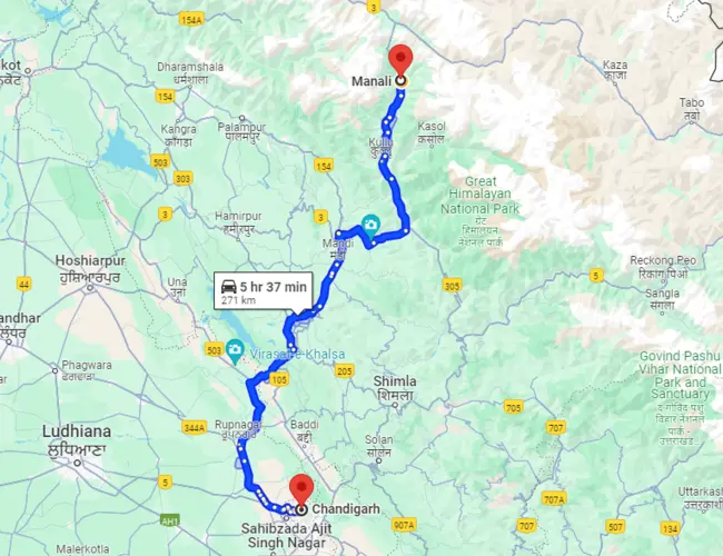 Manali to Chandigarh Taxi - Map