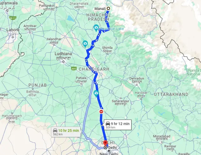 Manali to Delhi Taxi - Map