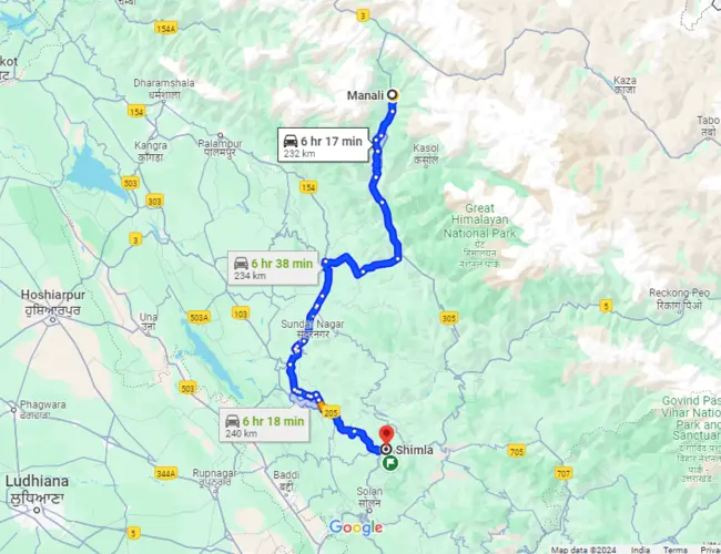 Shimla to Manali Taxi - Map